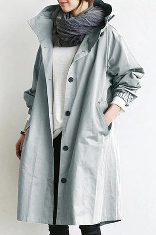 British Style Solid Pocket Buttons Hooded Collar Outerwear