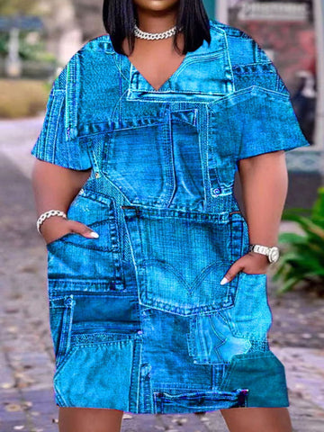 Plus Size Imitation Denim V Neck Pocket Design Dress Women's T-Shirt Summer Loose Dress Vestidos