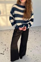 Slouchy Striped Crewneck Loose Long Sleeve Knit Sweater