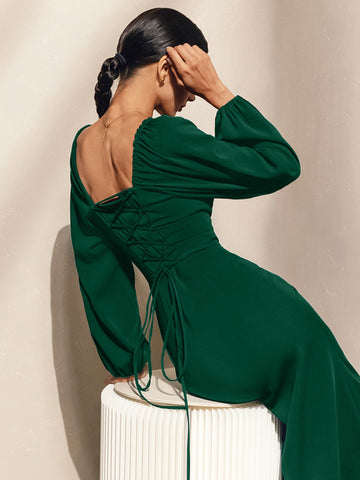 Sexy Slit Dress Square Neck Lace-up Backless Birthday Party Prom Midi Dresses