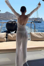 Mesh Long Sleeve See-through Wrap Maxi Dress