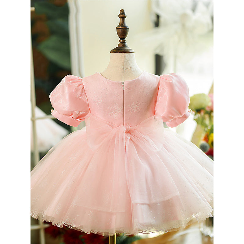 Vestido de niña de las flores, color rosa, con mangas abullonadas y malla esponjosa, para comunión y princesa. 