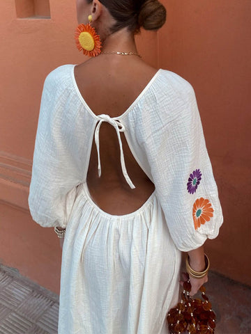 Rückenfreies Maxikleid mit Blumendruck im Graffiti-Stil, V-Ausschnitt und Laternenärmeln 