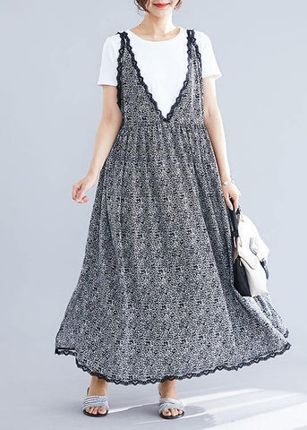 Vestido maxi de verano 100 % negro con cuello en V, de gasa, acolchado, con volantes de encaje 