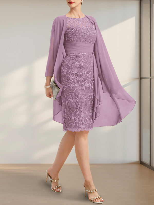 Etuikleid/Säulenkleid mit Illusion-Ausschnitt, knielang, aus Chiffon mit Spitze, Kaskadenrüschen und Pailletten für die Mutter der Braut