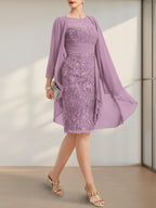 Etuikleid/Säulenkleid mit Illusion-Ausschnitt, knielang, aus Chiffon mit Spitze, Kaskadenrüschen und Pailletten für die Mutter der Braut