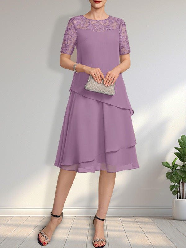 A-Linien-Kleid mit Rundhalsausschnitt, Illusion-Effekt, knielang, aus Spitze und Chiffon mit Pailletten für die Mutter der Braut