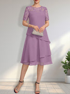 A-Linien-Kleid mit Rundhalsausschnitt, Illusion-Effekt, knielang, aus Spitze und Chiffon mit Pailletten für die Mutter der Braut