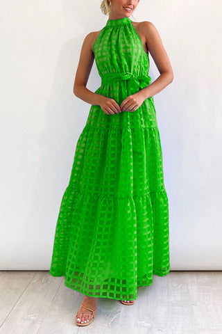 Vestido largo Meridress de malla a cuadros con volantes, cuello alto y cintura anudada