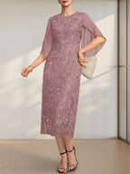 Etuikleid/Säulenkleid mit Rundhalsausschnitt, Teelänge, aus Spitze und Chiffon, ideal für die Mutter der Braut