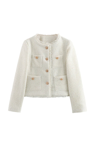 Meridress Button Up Frayed Hem Short Tweed Jacket