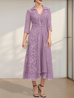 A-Linien-Chiffonkleid mit V-Ausschnitt und Teelänge für die Mutter der Braut