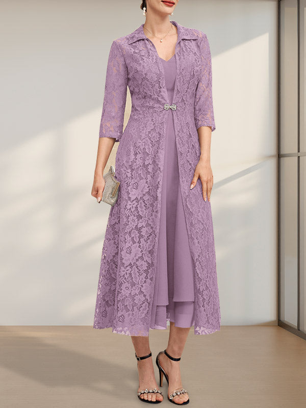 A-Linien-Chiffonkleid mit V-Ausschnitt und Teelänge für die Mutter der Braut