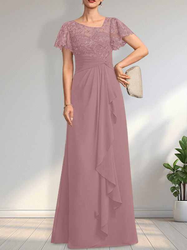 A-Linien-Kleid aus asymmetrischem Chiffon mit Illusion-Effekt, bodenlang, mit Kaskadenrüschen und Pailletten für die Mutter der Braut 