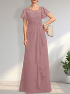 A-Linien-Kleid aus asymmetrischem Chiffon mit Illusion-Effekt, bodenlang, mit Kaskadenrüschen und Pailletten für die Mutter der Braut 