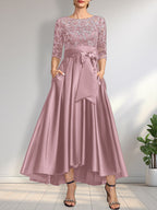 A-Linien-Kleid mit asymmetrischem Ausschnitt, Illusion-Effekt, Satinspitze und Schleife für die Mutter der Braut