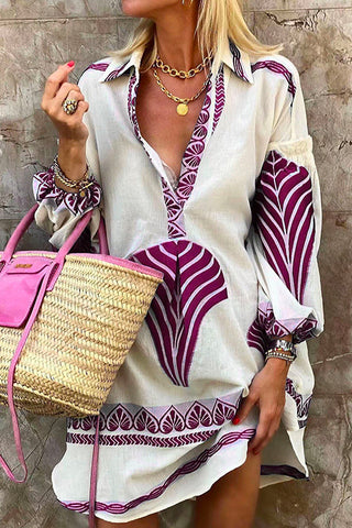 Meridress Lapel V Neck Long Sleeve Printed Shirt Dress