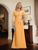 Etuikleid/Säulenkleid mit V-Ausschnitt, Illusion-Detail, bodenlang, aus Chiffonspitze und plissierten Pailletten für die Mutter der Braut 