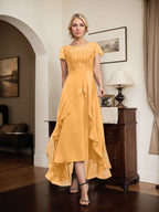 A-Linien-Kleid mit asymmetrischem Chiffon-Spitzenausschnitt, Schleife, Rüschen und Pailletten für die Mutter der Braut 