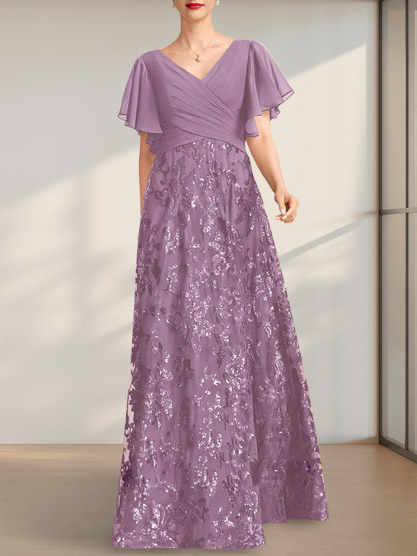 Vestido de madre de la novia de gasa con lentejuelas, encaje, escote en V y largo hasta el suelo, con pliegues