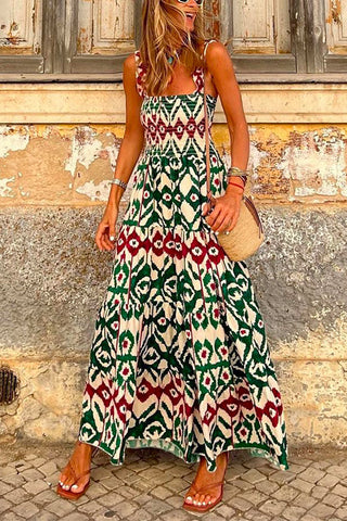 Meridress – Bohemia – Gestuftes Maxi-Camisole-Ferienkleid mit gesmoktem Rüschen