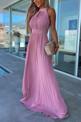 Vestido de fiesta largo plisado con cintura y cuello halter sin mangas de Meridress