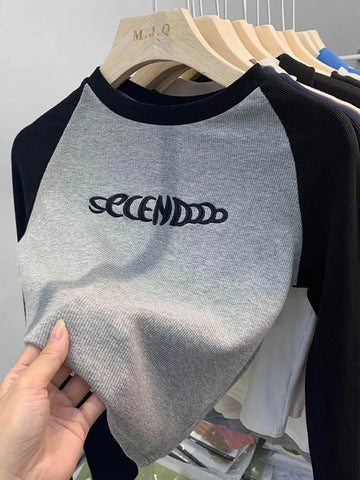 Letter Print T-Shirt Women Spring Long Sleeve Patchwork Tops Fashion Retro Contrast Color Crop Top Hot Girl Kpop Skinny Y2K Tees