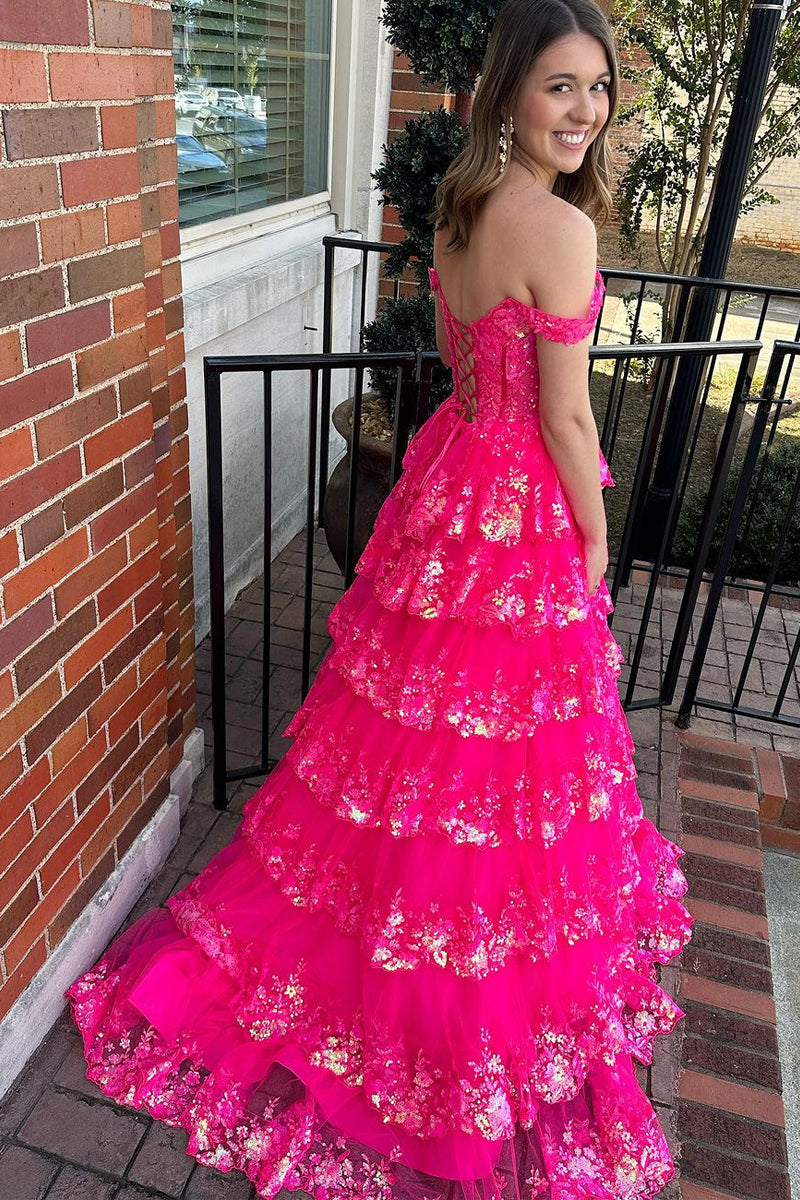 Prinzessinnen-Abendkleid aus Paillettenspitze mit schulterfreiem Ausschnitt