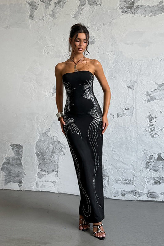 Rhinestone Strapless Off Shoulder Maxi Dress