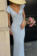 French Ruffle V Neck Knit Pastoral Maxi Dress