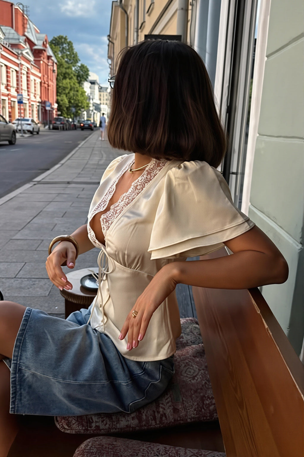 Casual Lace Satin Splice Tie Blouse
