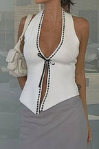 White Knit Hollow Out Tie Halter Top