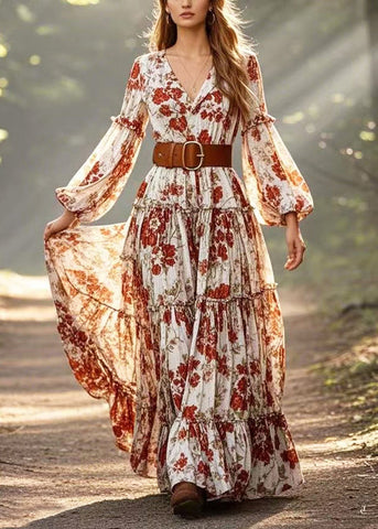 Rotes geblümtes Kleid aus Baumwolle mit extra großem Saum und Laternenärmeln 