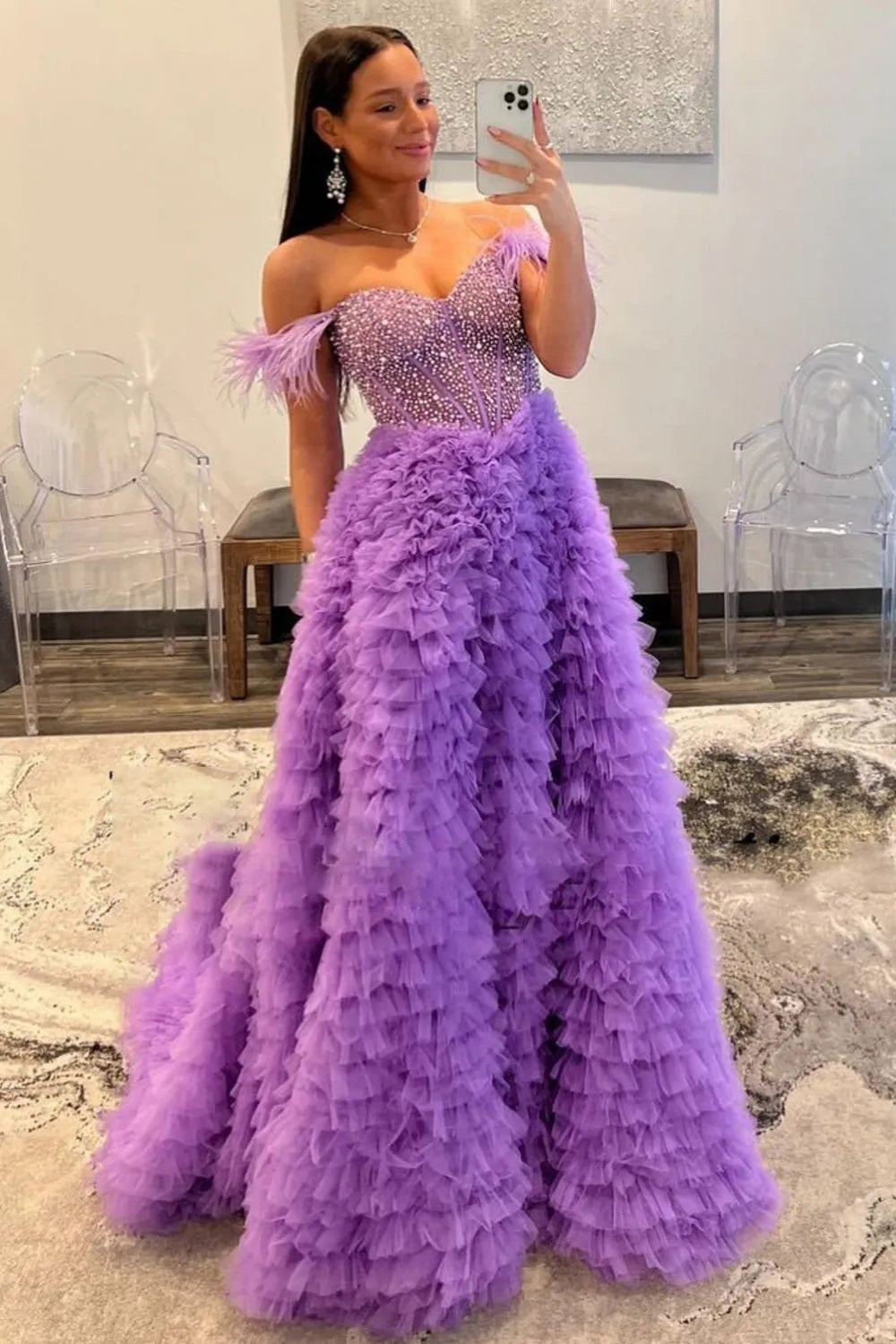 Off the Shoulder Tulle Tiered A-Line Long Corset Prom Dress with Beading