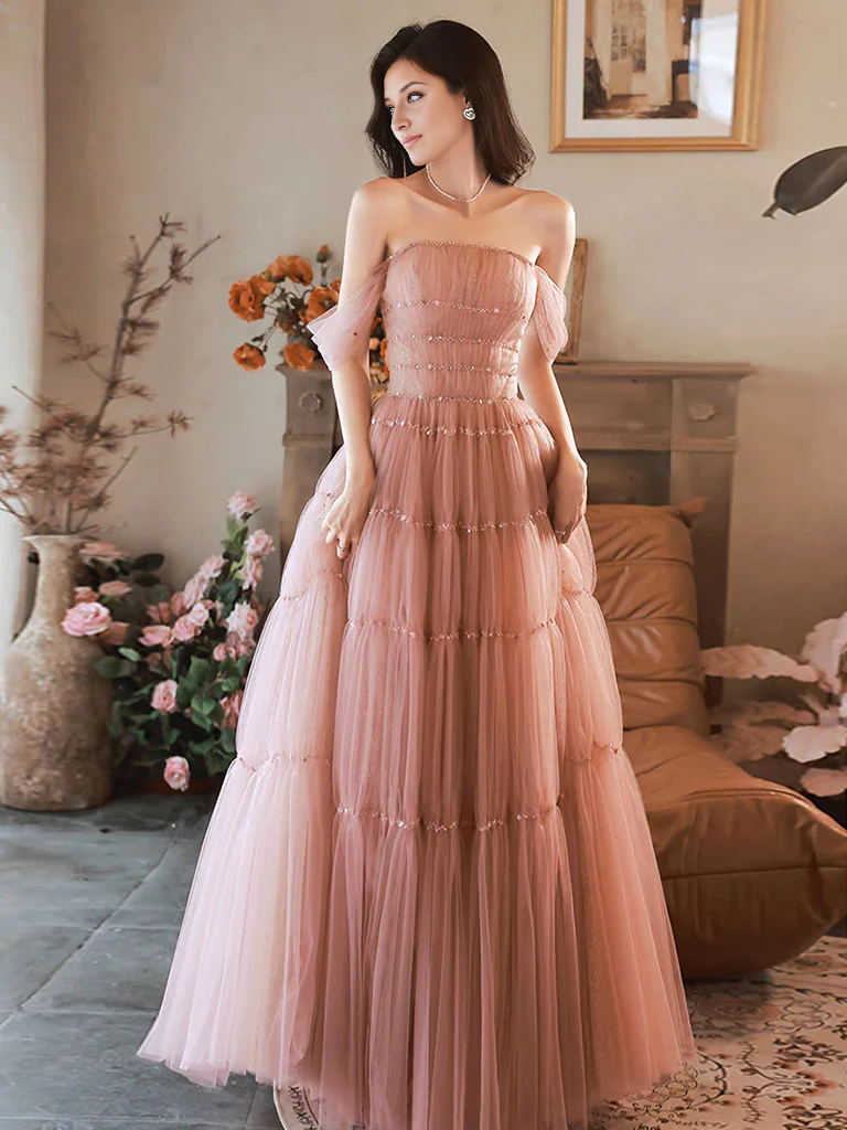 A-Linien-Prinzessinnenkleid, rosa, schulterfrei, langes Ballkleid, formelles Kleid