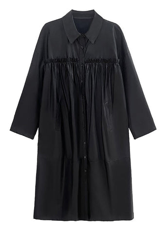 Mode Schwarz Peter Pan Kragen Kunstleder Patchwork Faltig Taste Trenchcoats Langarm 
