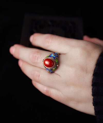 Retro-Ringe aus rotem Sterlingsilber mit Achat und Cloisonné 