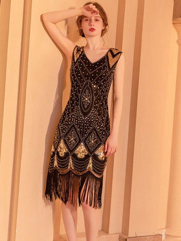 Vestido midi vintage sin mangas con cuello en V y lentejuelas para fiesta de cumpleaños 