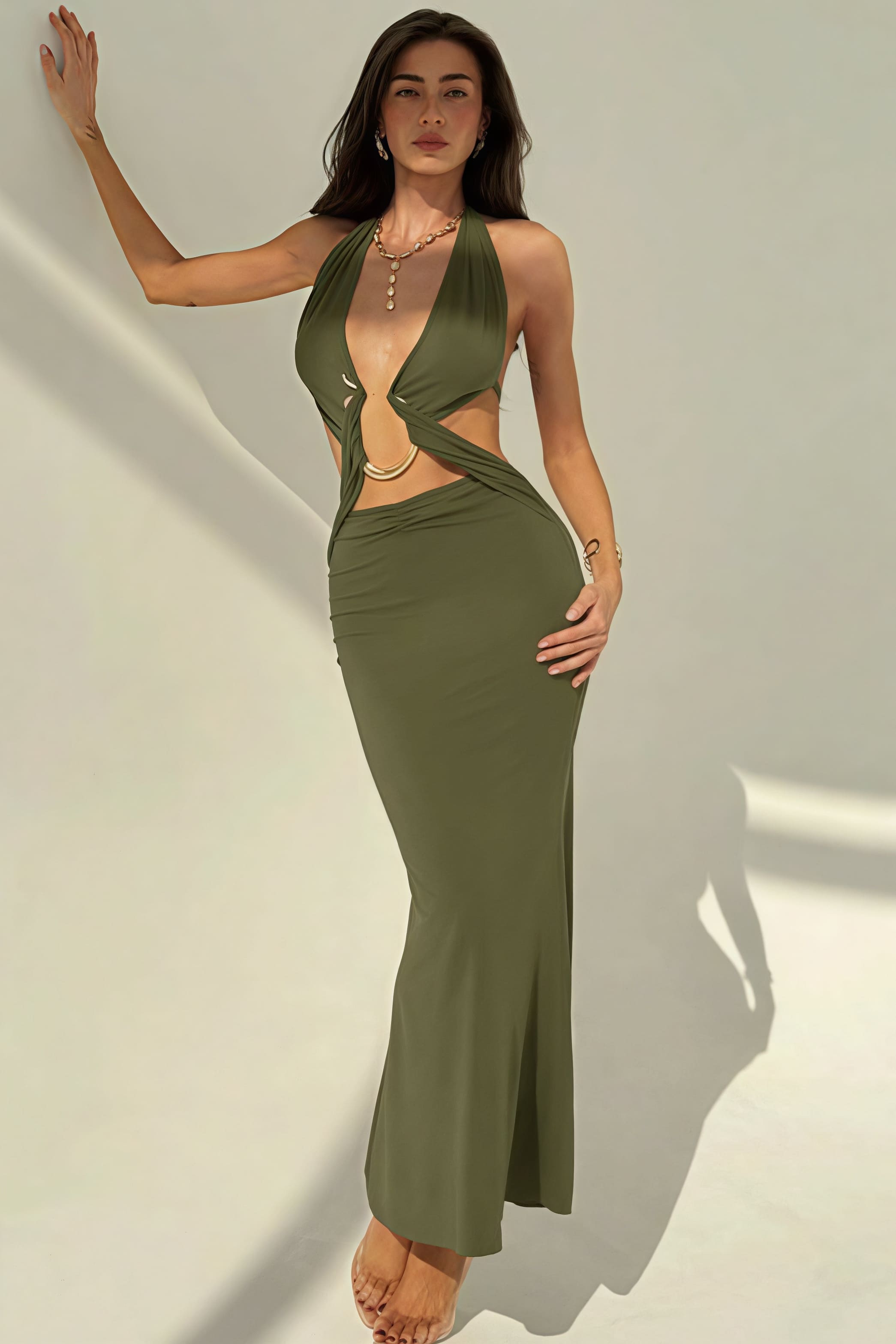 Sexy Halter Deep V Neck Backless Metal Maxi Dress