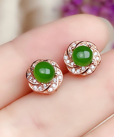 Pendientes de jade y circonitas doradas de plata verde a la moda 