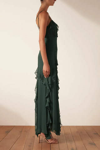 Vestido largo camisola con volantes en el bajo verde 