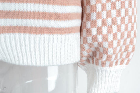 Cárdigan de punto con costura a cuadros y rayas para otoño e invierno para mujer 