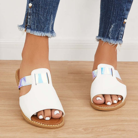 Bunte, offene Zehenpartie zum Hineinschlüpfen, flache Hausschuhe, Slide-Sandalen 