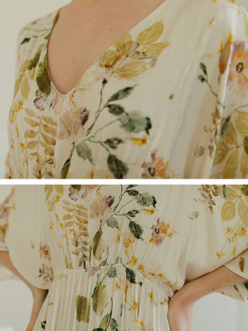 Damen Sommer Blumen Artsy V-Ausschnitt Drapiertes lockeres Nachtkleid 