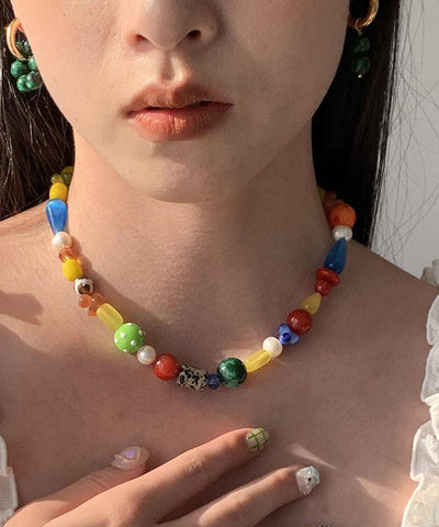 Collar de cuentas asimétricas con gemas y arcoíris en plata de ley dorada para mujer 