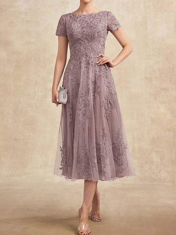 A-Linien-Kleid aus Tüllspitze mit Rundhalsausschnitt und Teelänge für die Mutter der Braut 