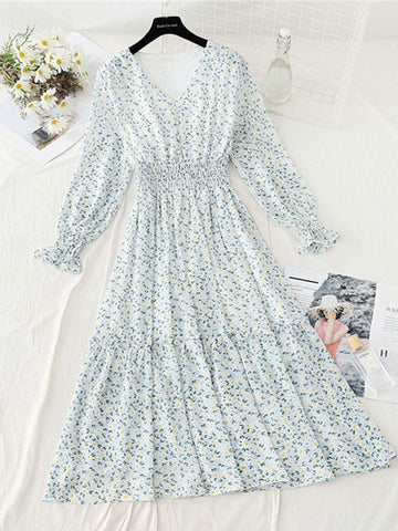 Classic Floral Ruffle Chiffon Dress-Pink