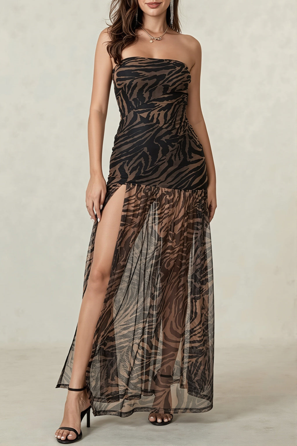 Strapless Zebra Sheer Slit Maxi Dress