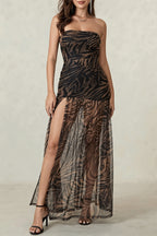 Strapless Zebra Sheer Slit Maxi Dress