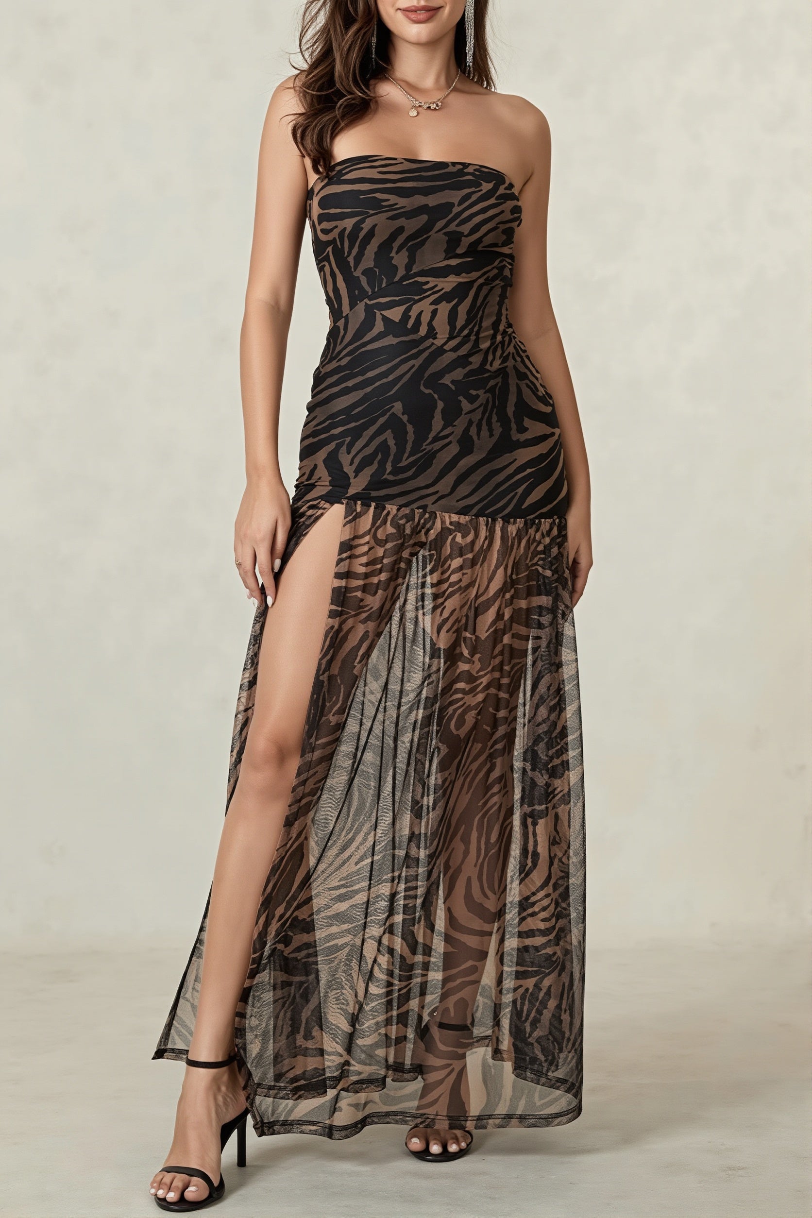 Strapless Zebra Sheer Slit Maxi Dress